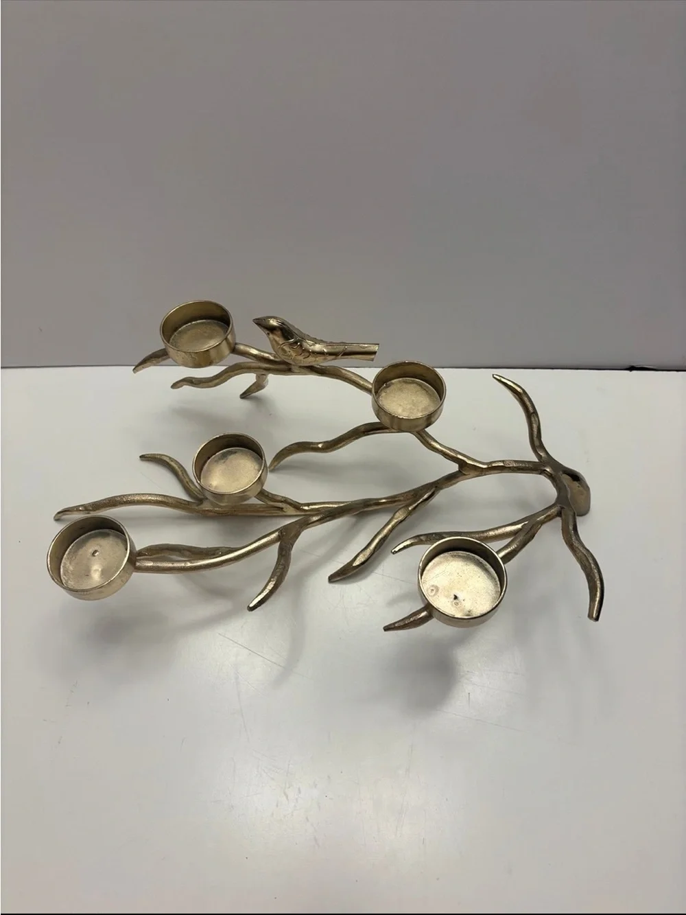 Vintage gold, color, bird and branch five votive candle holder decor